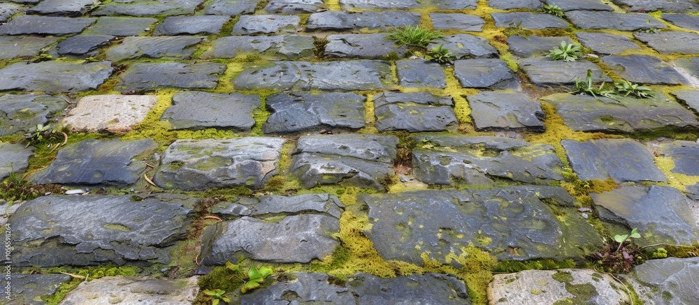 Poster detailed shot of a paved walkway with gray and yellow bricks and green moss between stones suitable 