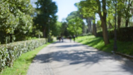 Blurred view of people walking in villa borghese gardens, surrounded by lush greenery in rome, with soft bokeh creating a serene outdoor atmosphere.