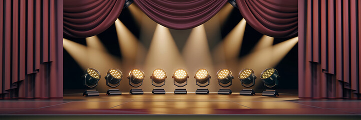 Red velvet curtains and golden spotlights illuminate an empty stage  anticipation and excitement for a grand event   