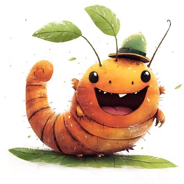 A whimsical cartoon caterpillar with a big grin, wearing a tiny hat while munching on a leaf on a white background.
