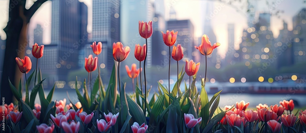 Poster tulips bloom in a flower bed enhancing the cityscape a backdrop with focused details and room for ad