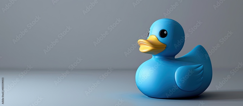Poster grey background featuring a shiny blue rubber duck with ample copy space image
