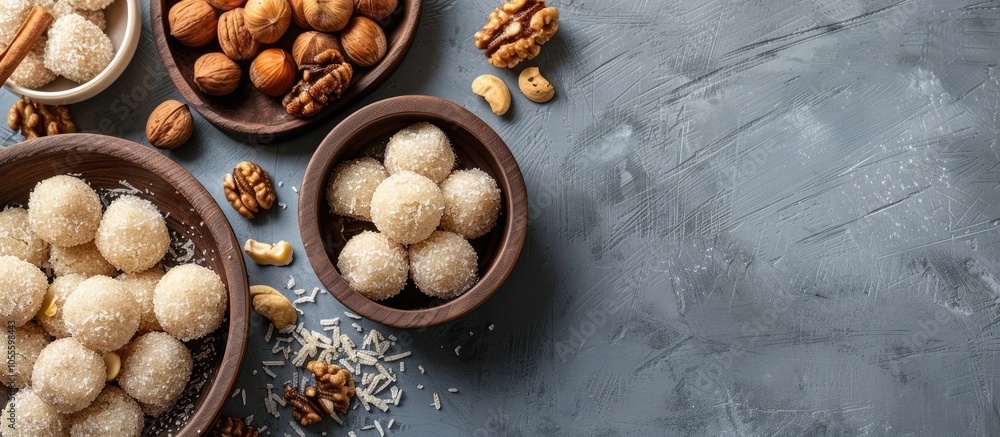 Poster top view of georgian churchkhela sweets with walnuts and hazelnuts on a gray background featuring co