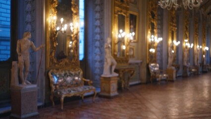 Blurred interior of galleria doria pamphilj showcasing ornate sculptures and lavish decor in an...