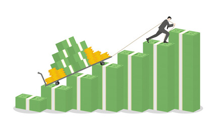 A businessman drags a trolley full of cash on banknotes graph rising, success in business growth, income strategy, financial gain, economic wealth, revenue goal, and ambitious investment in market