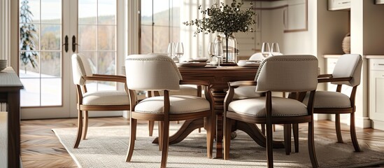 Fototapeta premium Discover the ideal blend of comfort and style in these Bassett dining chairs The image highlights their soft cushions ergonomic shape and trendy appeal making them an excellent choice for any setting