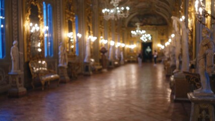 Indoor museum view with blurred statues and chandeliers creating a bokeh effect in the art-filled...