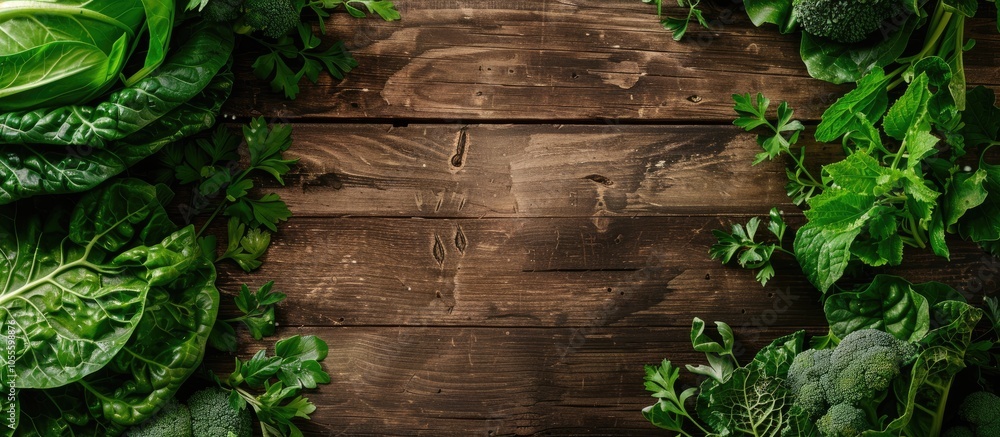 Aufkleber green vegetables displayed on a wooden table emphasizing healthy eating with space for additional co
