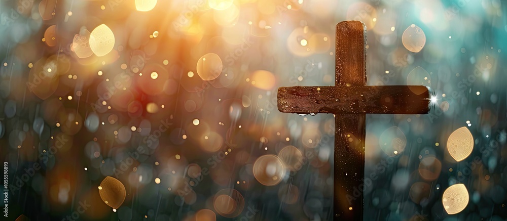 Poster close up view of a wooden cross set against a background of softly blurred lights designed for text 