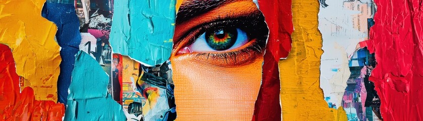 Fototapeta premium Colorful abstract art collage featuring a vivid eye amidst textured, torn posters and vibrant paint layers. Urban, expressive, and modern art piece.