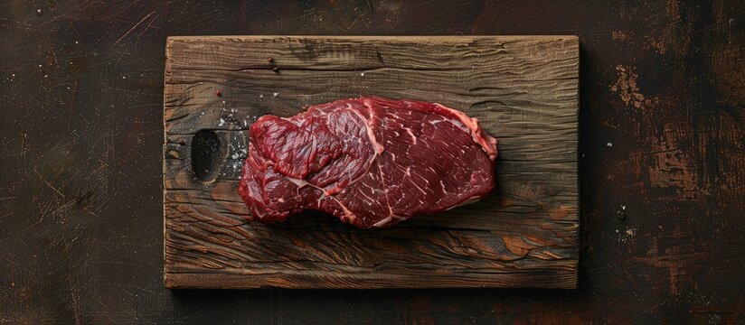 Top down view of a butcher board presenting a raw venison deer steak on a dark backdrop with copy space image opportunity
