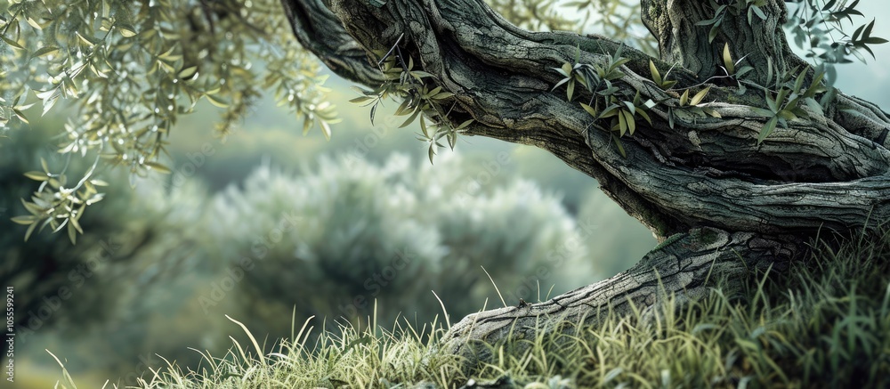 Poster an olive tree branch with textured bark and silvery green leaves captured against a backdrop of lush