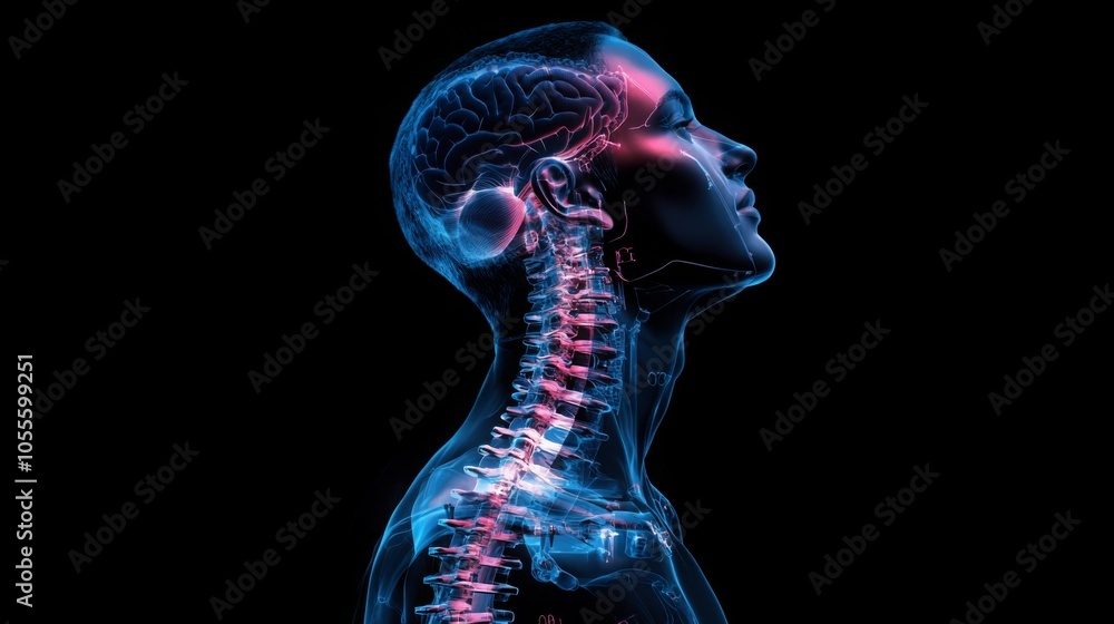 Poster this artistic illustration depicts a human figure in profile, showcasing the brain and spinal column