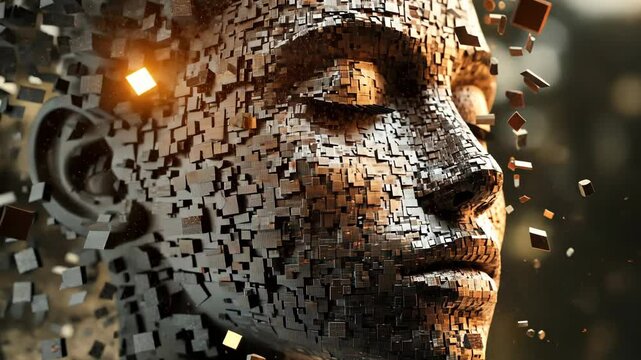 A digital portrait of a person's face composed of many small cubes, with a glowing light source near the head
