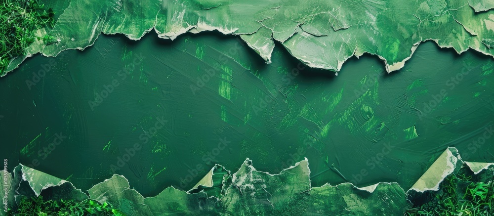 Poster environmental message on torn paper with a green backdrop as a symbolic eco conscious statement copy