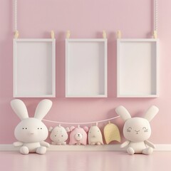 Three white picture frames hanging on a pink wall with cute animal toys in the foreground