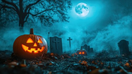 Fototapeta premium Halloween holiday carved pumpkin at graveyard closeup view