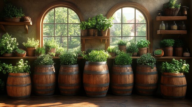 Wooden barrels positioned in a rustic kitchen, filled with homegrown herbs and surrounded by warm wooden accents, photorealistic
