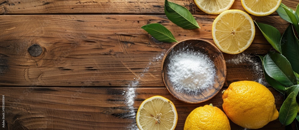 Poster top view of a wooden table with baking soda and lemon offering ample space for a text overlay in the
