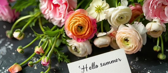 Text Hello summer displayed on the card beside a beautiful bouquet of flowers with copy space image