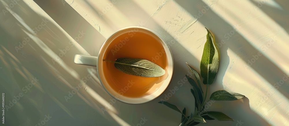 Poster view from above of a mug on a bright table containing sage infused herbal tea suitable for adding te