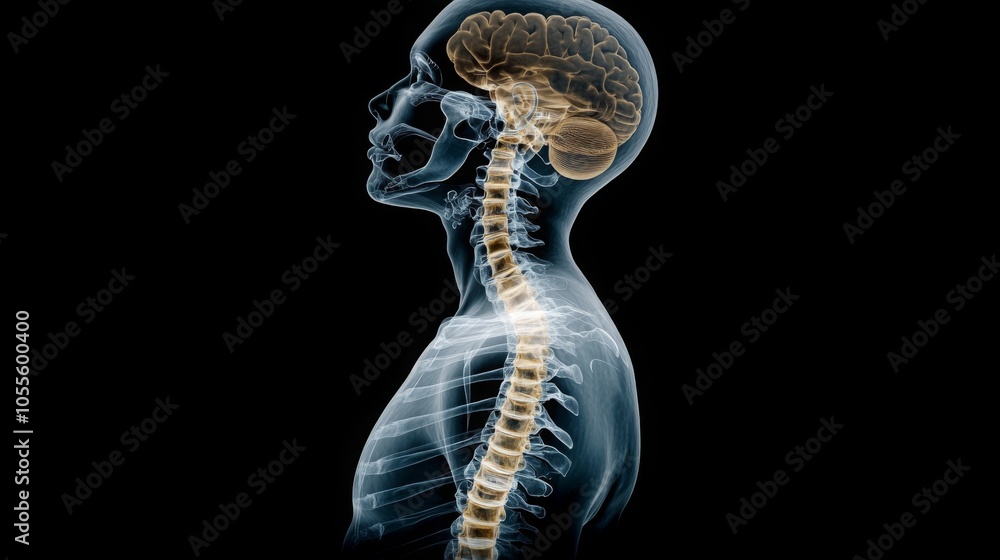 Poster a detailed anatomical representation showcases the human spinal column and brain, highlighting the i