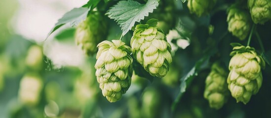 Green Hop Cones Hang From The Branches Ingredients For Beer Production Selective Focus To The Foreground