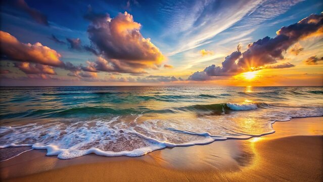 A serene ocean scene with gentle waves rolling onto the shore at sunset, beach, sunset, waves, coastal, scenery
