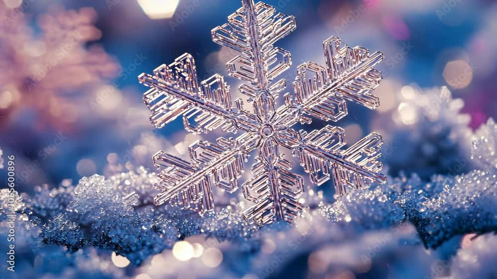 Poster snowflakes with perfect radial symmetry, each flake unique yet part of a larger geometric pattern on