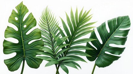 Green Leaves Of Tropical Plants Bush (Monstera, Palm, Rubber Plant, Pine, Bird Nest Fern). Transparent, Cutout, Or Clipping Path
