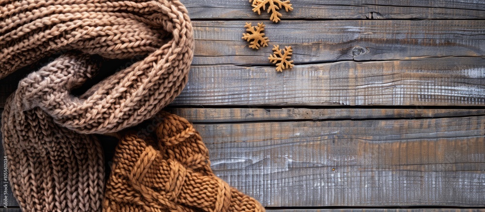 Aufkleber top view of a knitted scarf and hat placed on a wooden table with available copy space image