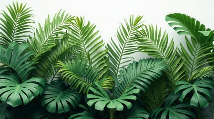 Green Leaves Of Tropical Plants Bush (Monstera, Palm, Rubber Plant, Pine, Bird Nest Fern). Transparent, Cutout, Or Clipping Path