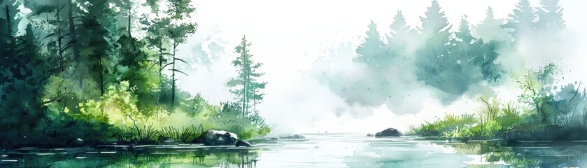 Fototapeta premium Serene watercolor landscape of a misty forest by a calm river, capturing the peaceful essence of nature in soft green hues.