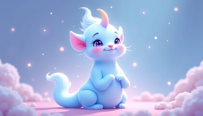 Cute blue mythical creature with a unicorn horn, joyful expression, fantasy illustration, dreamy background,