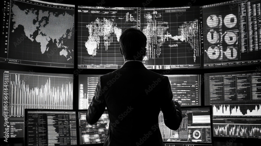 Poster data scientist analyzing large data sets in front of multiple digital screens.