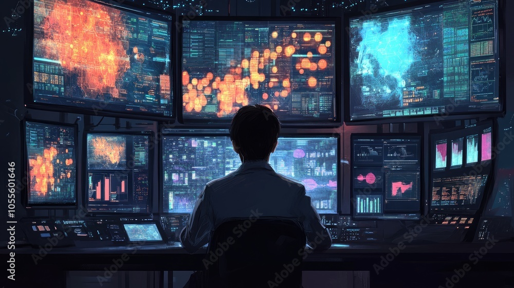 Poster data scientist analyzing large data sets in front of multiple digital screens.