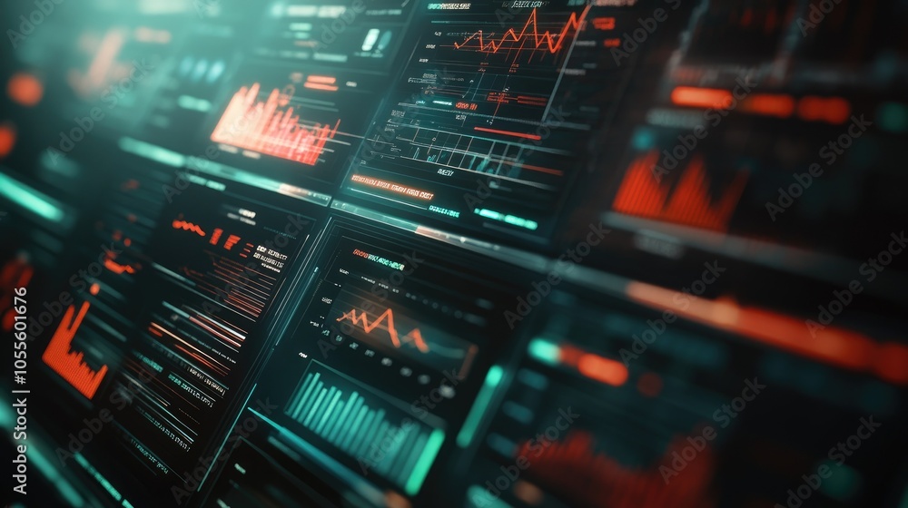 Poster Detailed interface with data visualization icons, charts, and timeline on a softly blurred background, sleek analytics look