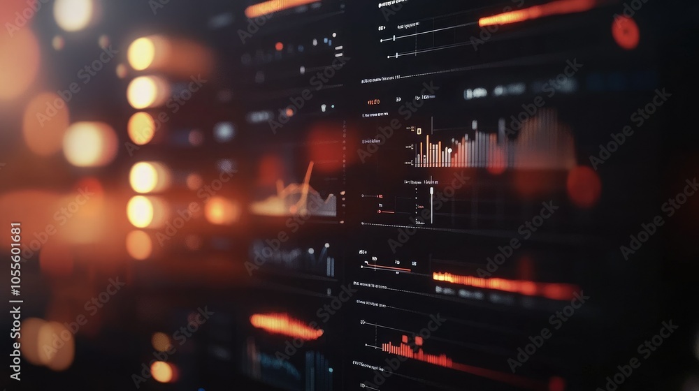 Aufkleber Detailed interface with data visualization icons, charts, and timeline on a softly blurred background, sleek analytics look