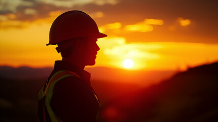 Portrait of a construction worker in a hard hat silhouetted against a beautiful sunset   -