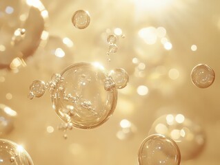  Transparent bubbles illuminated in warm sunlight, floating gently in the air. Represents lightness, joy, and a dreamy, ethereal quality.