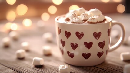 Fototapeta premium Coffee mug adorned with decorative hearts featuring cocoa or coffee topped with marshmallows and cream Romantic theme for greeting cards flyers menus or cafe promotions