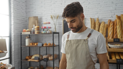 Young man with beard wearing apron standing in bakery with various shelves full of bread and pastries in the background