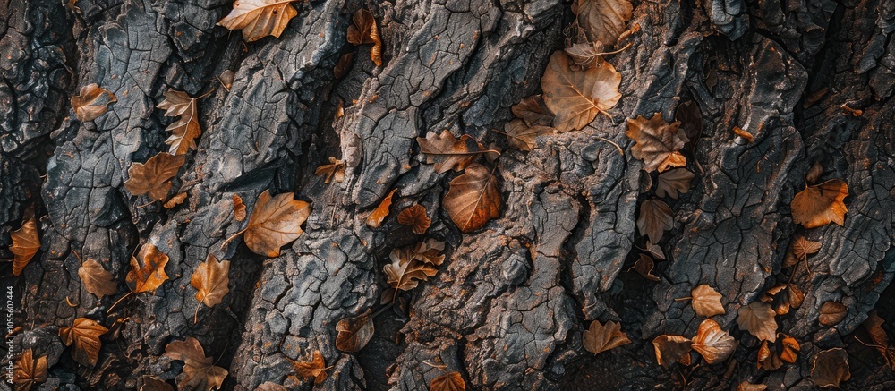 Wall mural tree trunk covered with small fallen leaves against a bark background copy space image