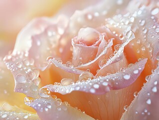 Fototapeta premium Soft pink rose in extreme close-up, covered in gentle dewdrops, capturing elegance and freshness. Represents purity, romance, and the beauty of nature.