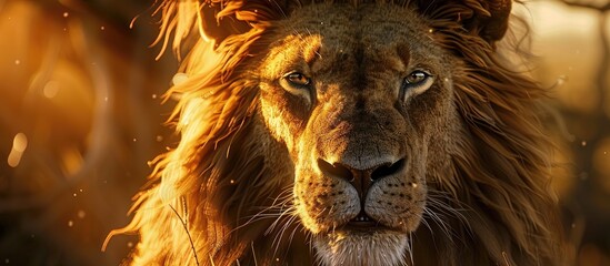A captivating close up image featuring a majestic lion s face its golden fur glowing under the sunlight with space for text insertion. Copy space image. Place for adding text and design