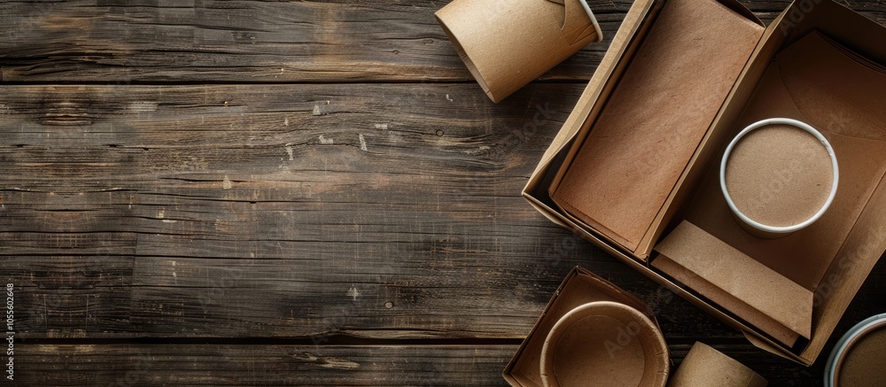 Poster eco friendly paper food containers are displayed on a wooden surface from a top view allowing for a 