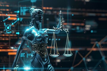 Scales of justice held by the statue of Lady Justice, showh in a modern AI concept, representing legal issues considering AI, AI and digital technology challenges with legal compliance