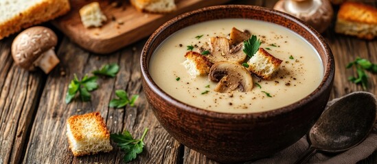 Mushroom Cream Soup With Croutons On Wooden Background Selective Focus