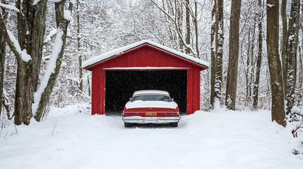 Red car sheltered from heavy snowfall under a portable garage in a wooded area   -