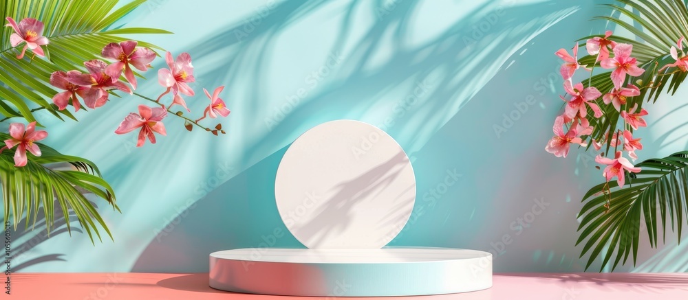Poster white podium for photographing products on a colorful backdrop suitable for product display with cop